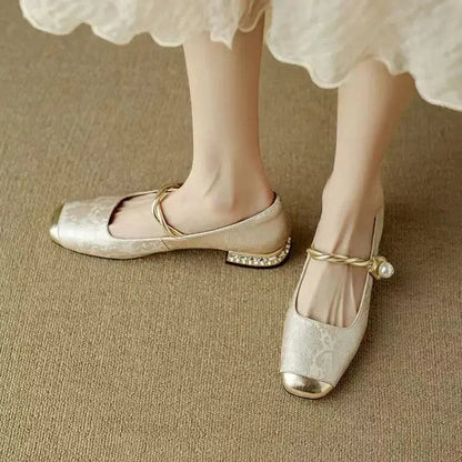 Women's Pearl Strap Mary Jane Block Heels — front view