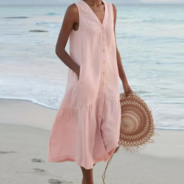 Sleeveless Button-Front Tiered Midi Dress for Women
