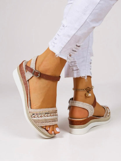 Women's espadrille wedge sandals with braided straps and ankle buckle — side view