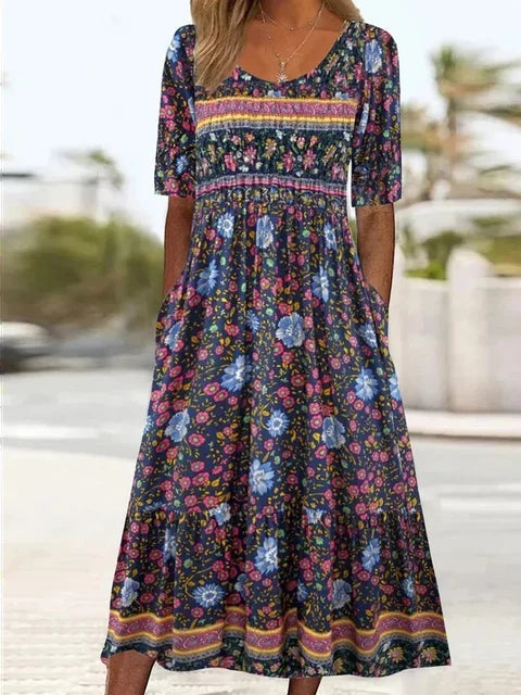 Women's Boho Print Casual Summer Midi Dress — close-up