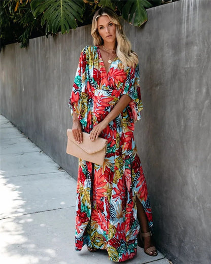 V-Neck Floral Print Wrap Maxi Dress for Women