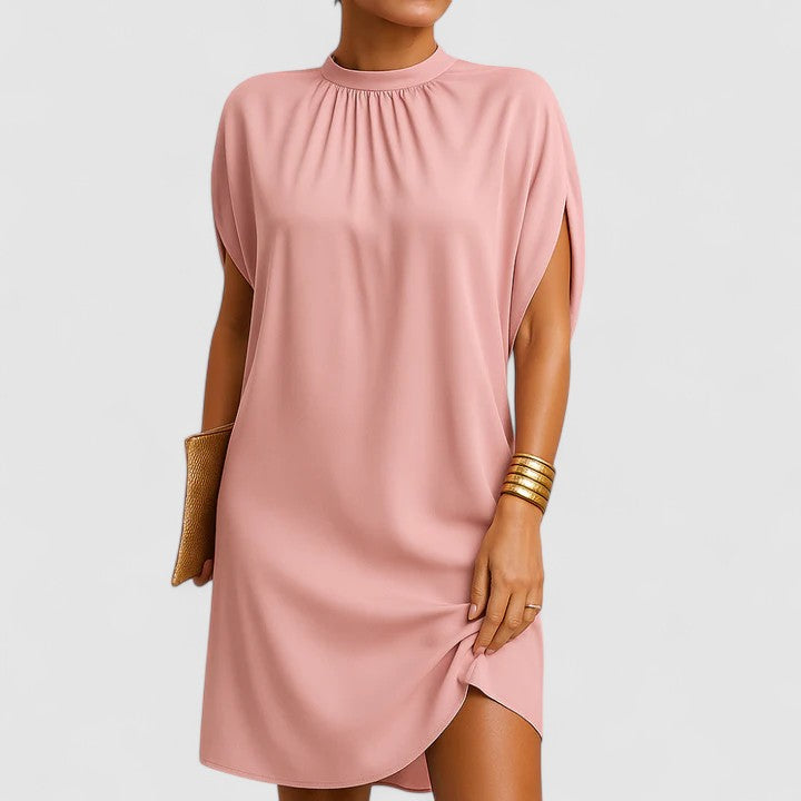 Women's pink midi dress with gathered neckline and split sleeves — front view