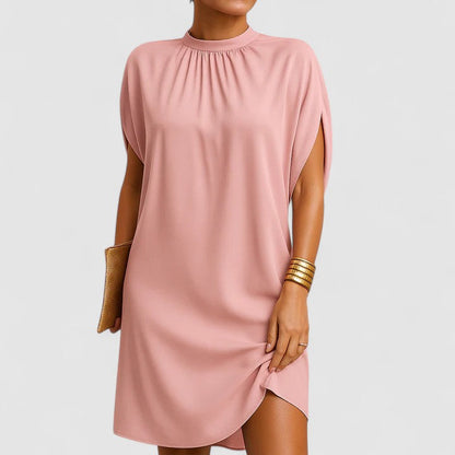 Women's pink midi dress with gathered neckline and split sleeves — front view