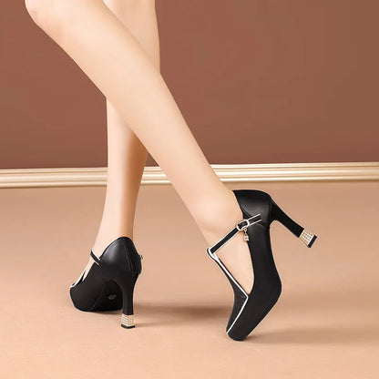Women's Leather Block Heels with Buckle — side view
