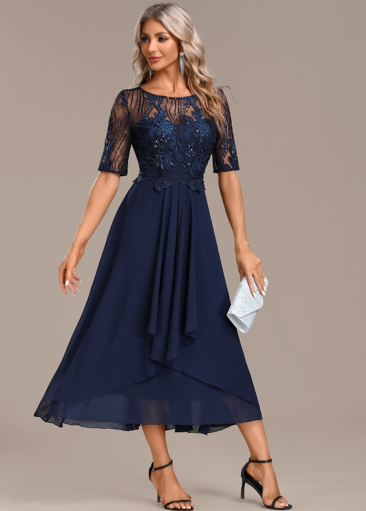 Women's Navy Lace Cocktail Midi Dress — front view