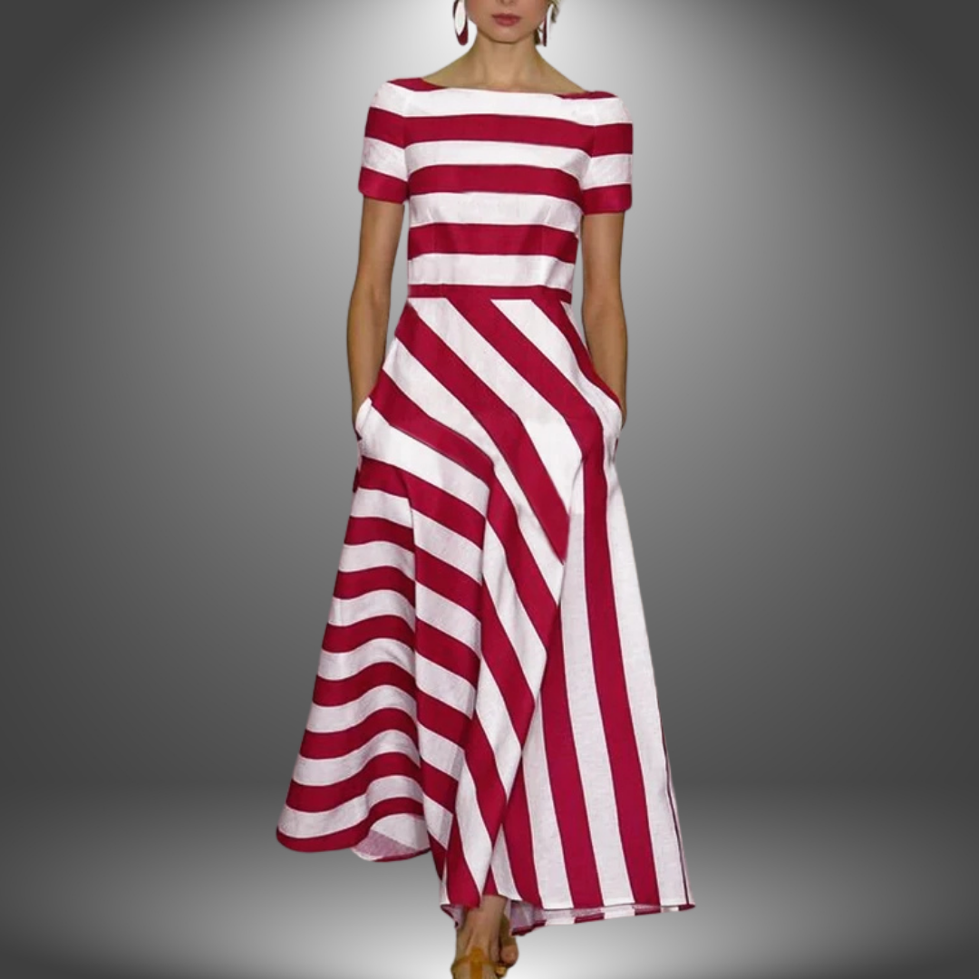 Red and white striped maxi dress with short sleeves and boat neck — front view
