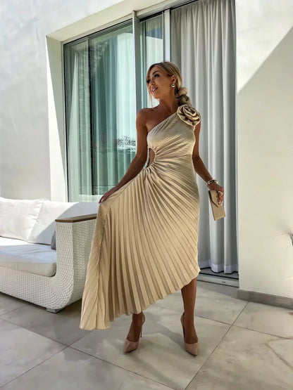 One-Shoulder Pleated Midi Dress for Women