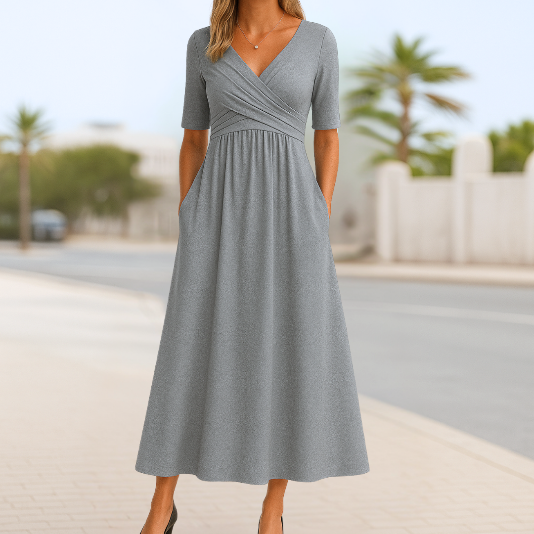 Women's Crossed Front Casual Day Midi Dress — close-up