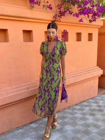 V-Neck Floral Print Midi Dress for Women