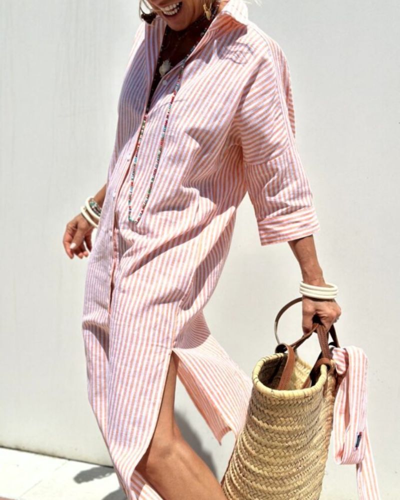 Women's Striped Casual Shirt Midi Dress — product view