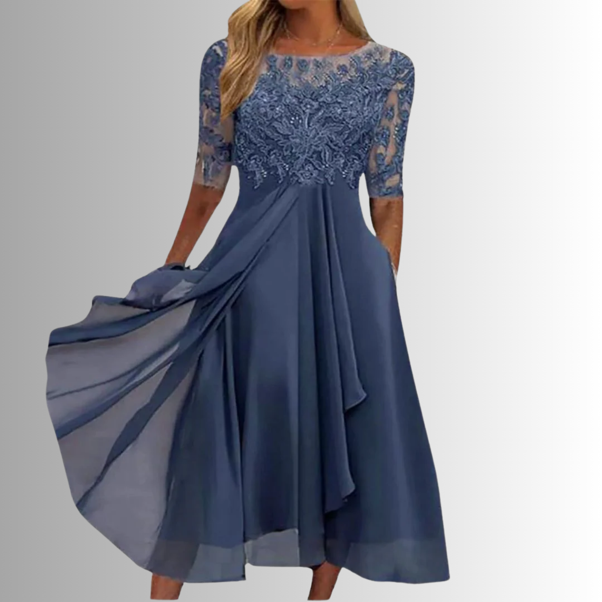 Women's lace bodice midi dress with flowing chiffon skirt in dusty blue — front view