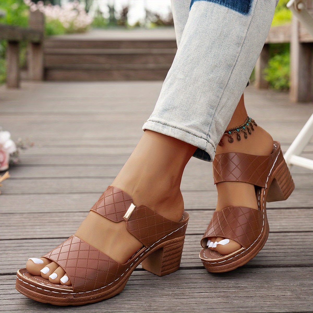 Quilted Open-Toe Block Heel Sandals for Women