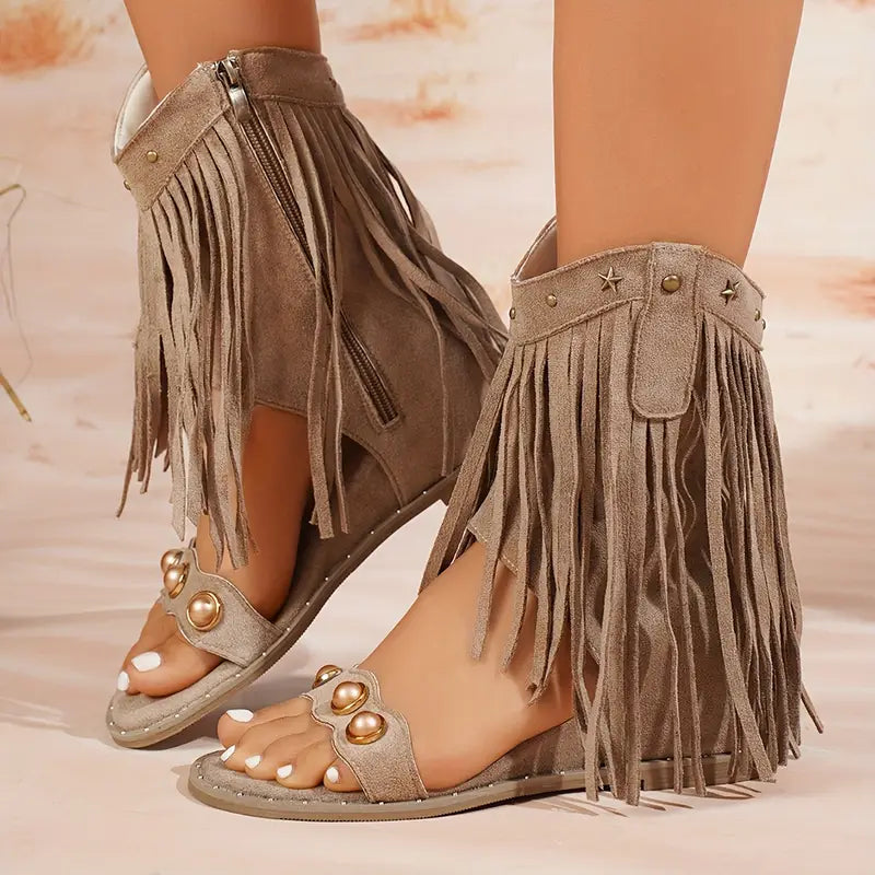 Women's Fringe Ankle Boots with Zipper — product view