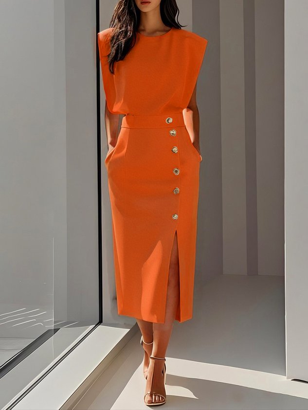 Button-Front Midi Dress with Side Slit for Women