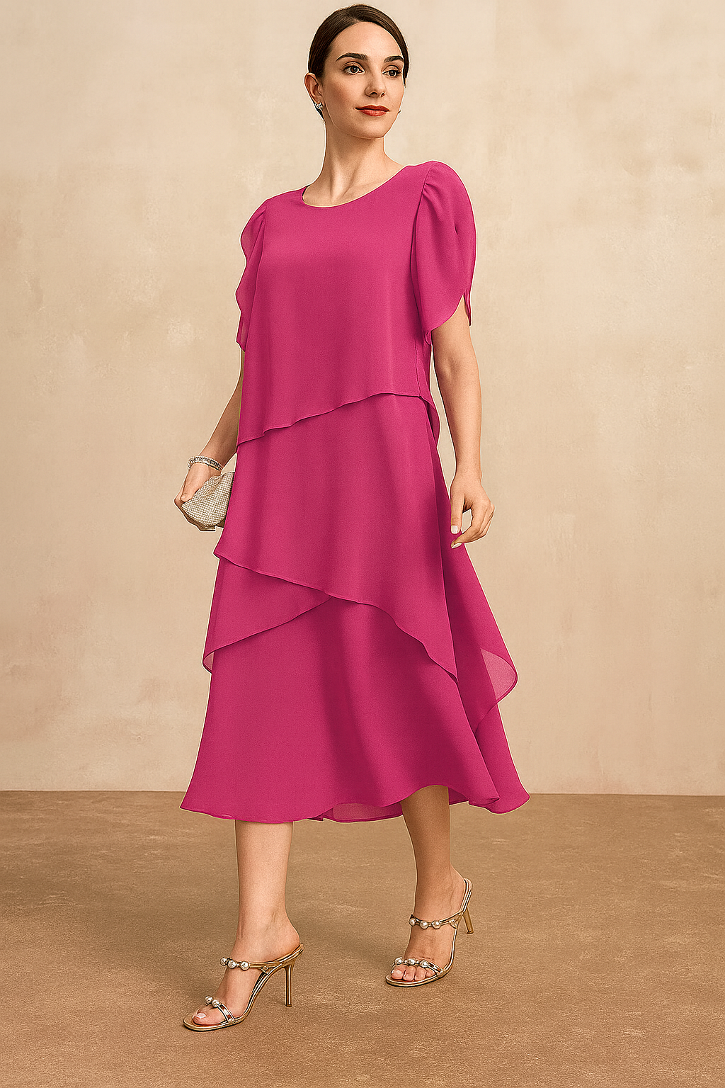 Fuchsia pink tiered chiffon midi dress with flutter sleeves — front view