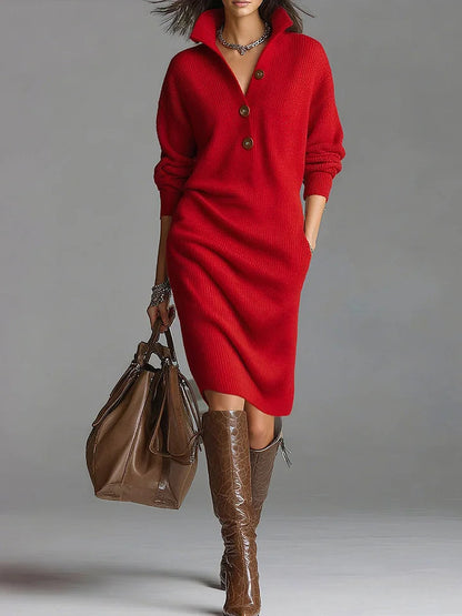 Women's Knit Collar Button Midi Dress — product view