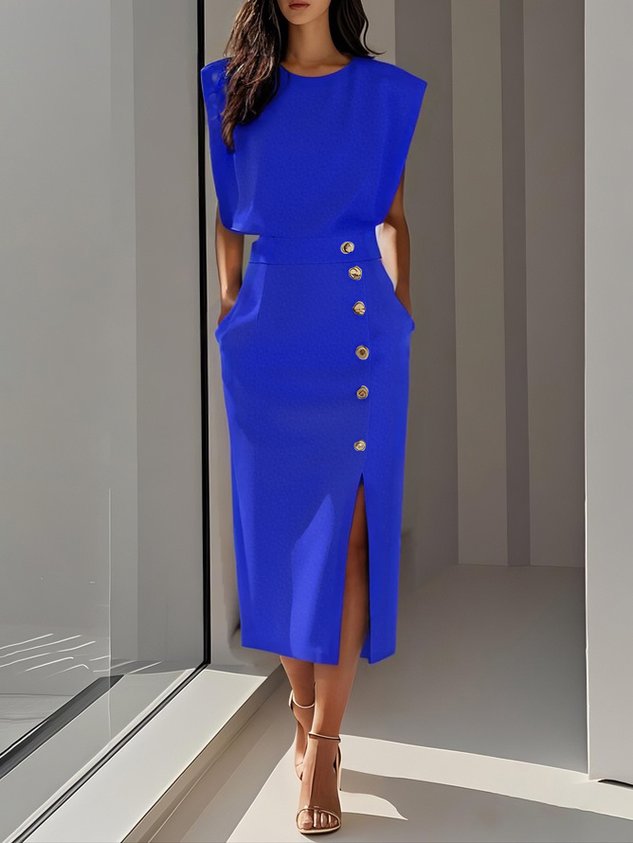 Women's Round Neck Daytime Midi Dress — front view