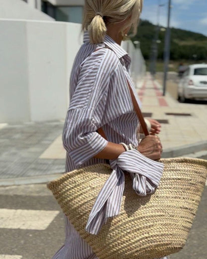 Women's Striped Casual Shirt Midi Dress — close-up