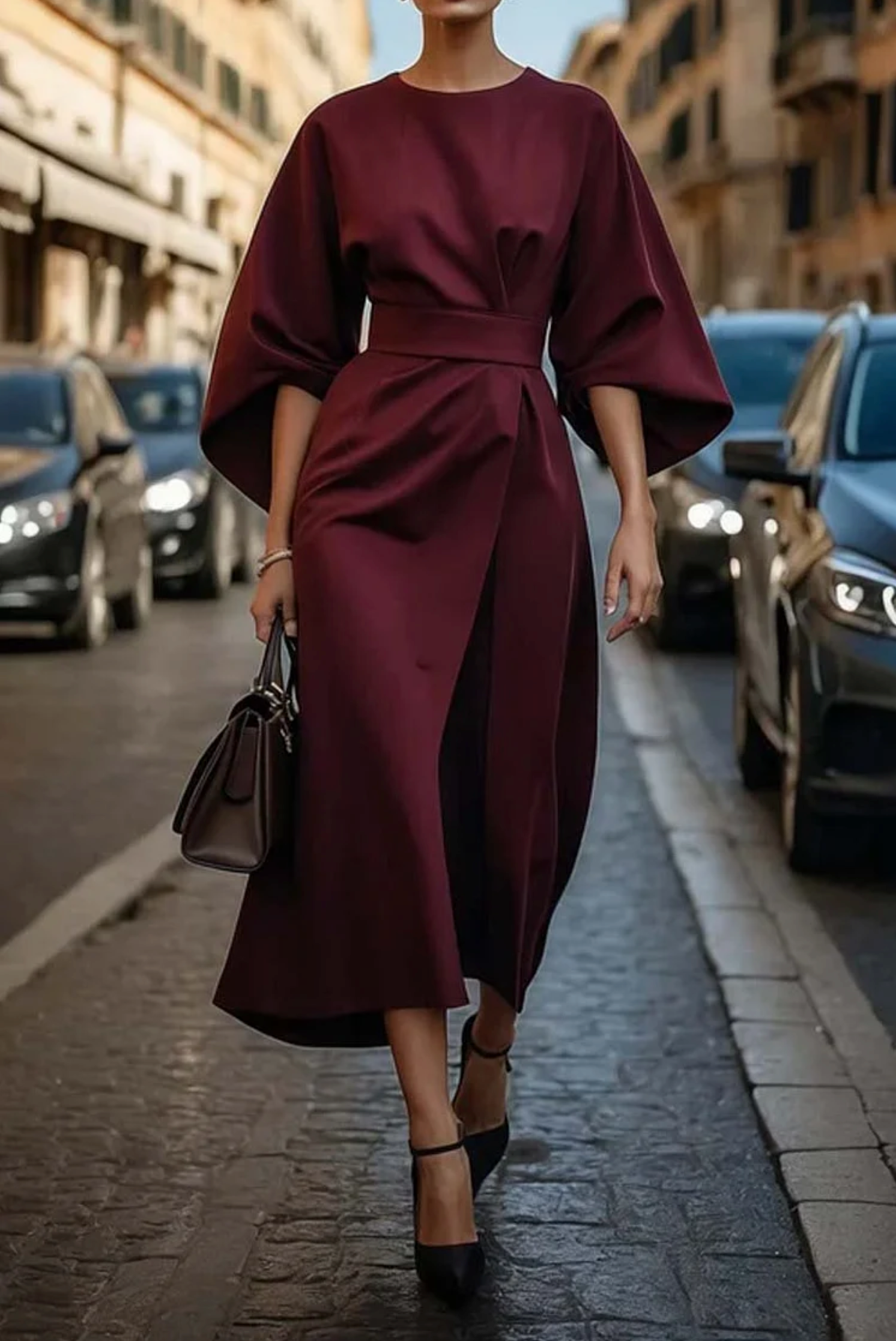 Women's Lantern Sleeve Elegant Midi Dress — close-up