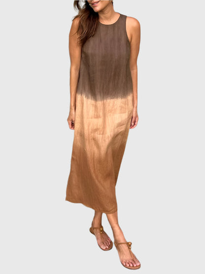 Women's sleeveless midi dress with brown ombre tie-dye gradient pattern — front view