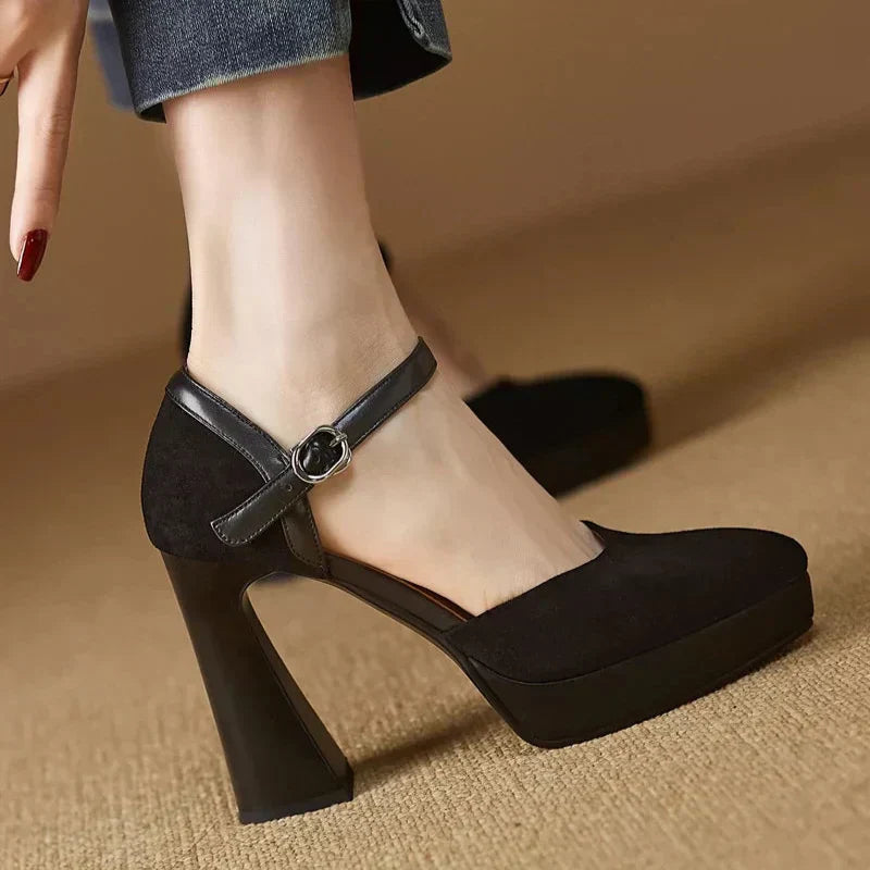 Women's Platform Block Heel Pumps Ankle Strap High Heels — front view