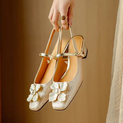 Women's Floral Slingback Square Toe Block Heel Pumps — side view