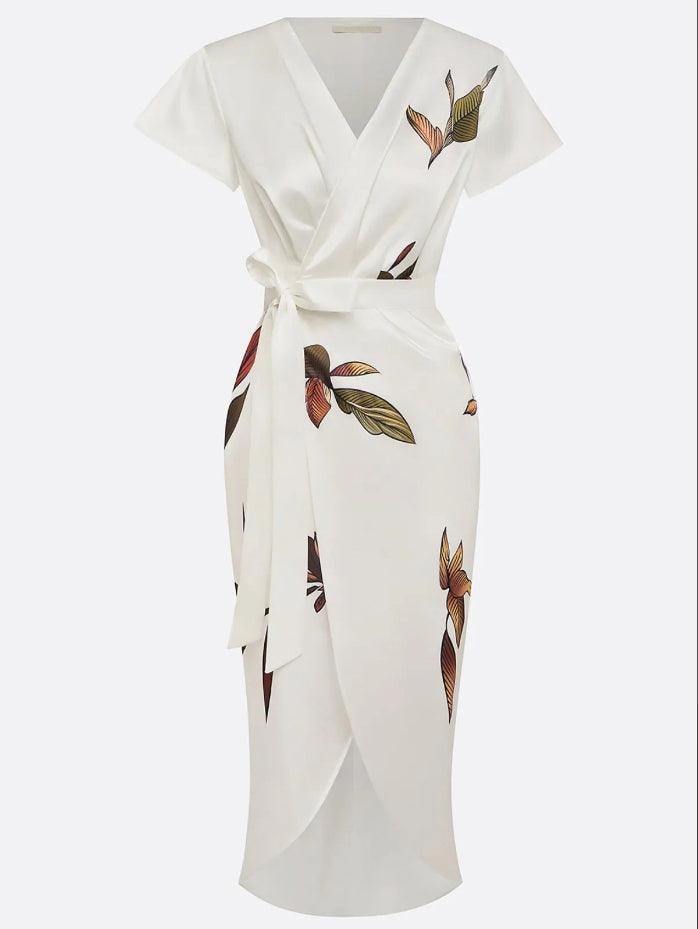 V-Neck Wrap Midi Dress with Tie Waist for Women