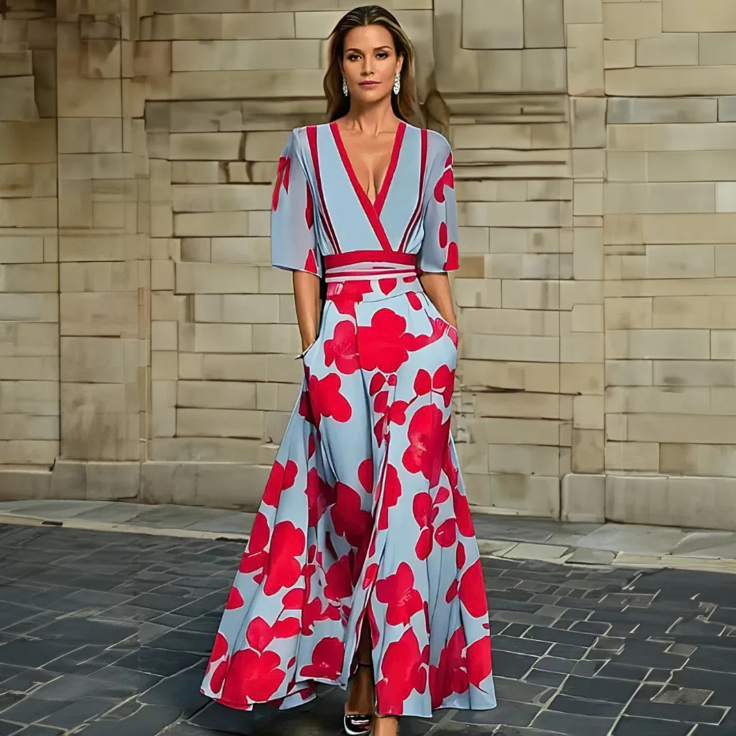 Women's Floral Wrap Summer Midi Dress — front view