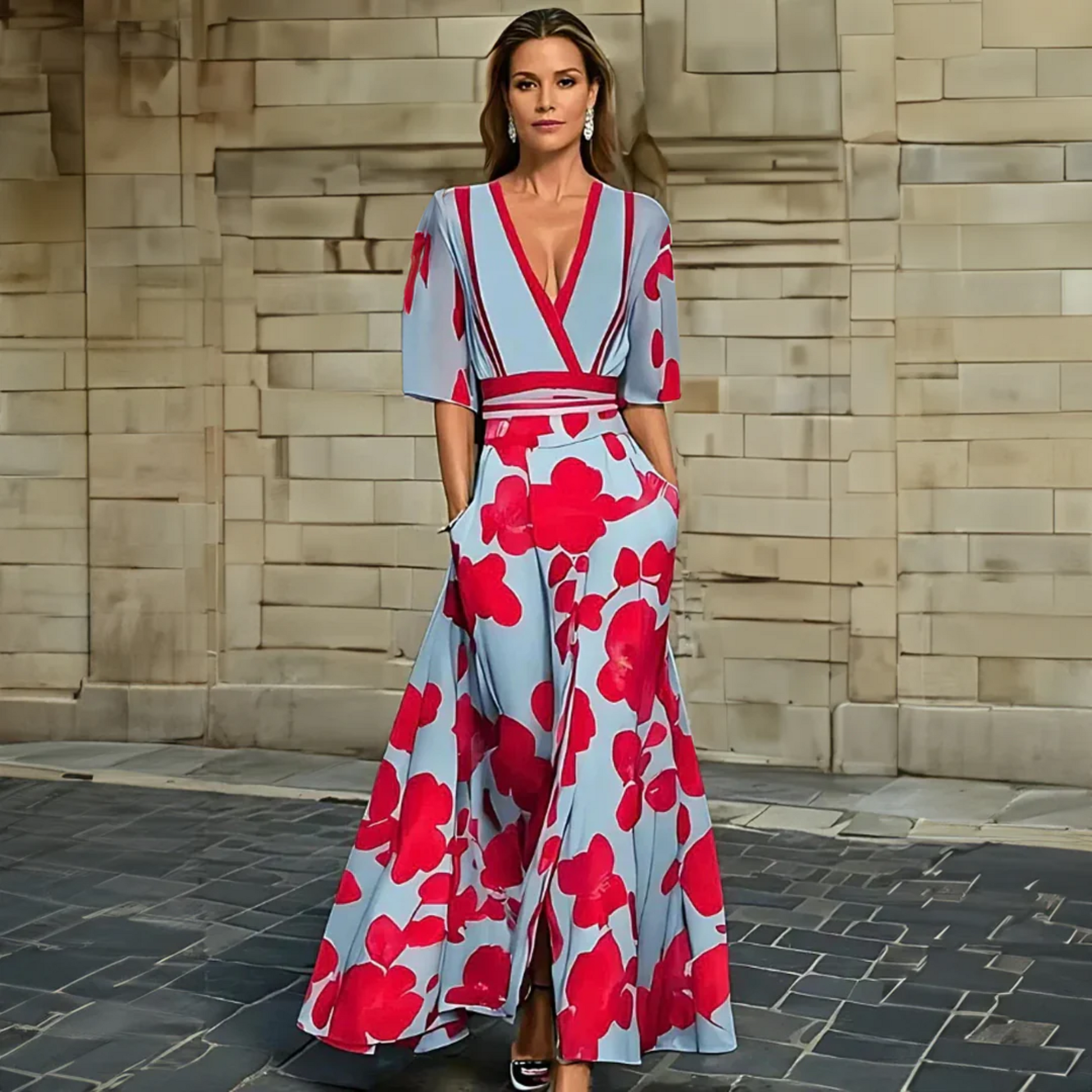 Women's Floral Wrap Summer Midi Dress — front view