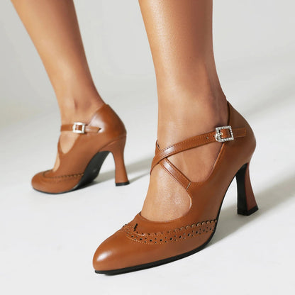 Women's Leather T-Strap Block Heels — detail view