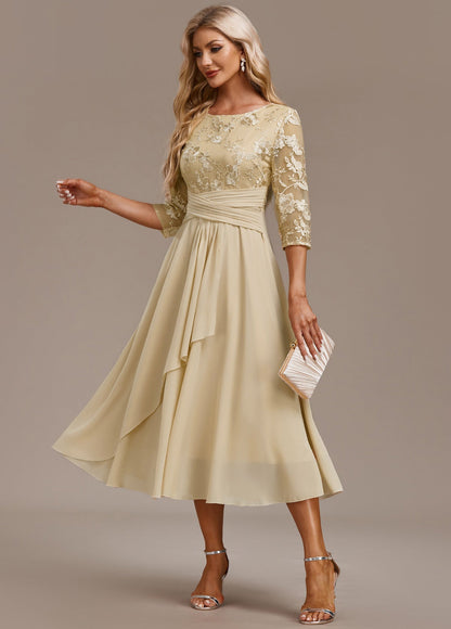 Champagne midi dress with floral lace bodice and pleated waist sash — front view