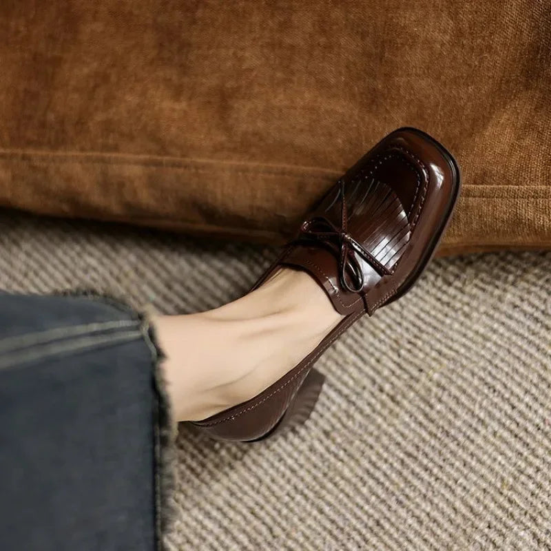 Women's Tassel Block Heel Loafer Pumps Round Toe — front view