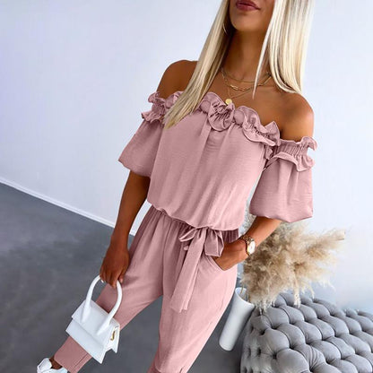 Women's Off-Shoulder Frill Tie-Waist Jumpsuit — side view
