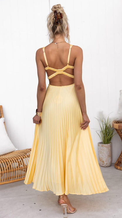 Women's V-Neck Pleated Wedding Guest Maxi Dress — close-up