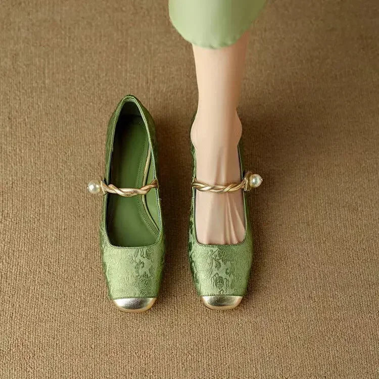 Women's Pearl Strap Mary Jane Block Heels — detail view