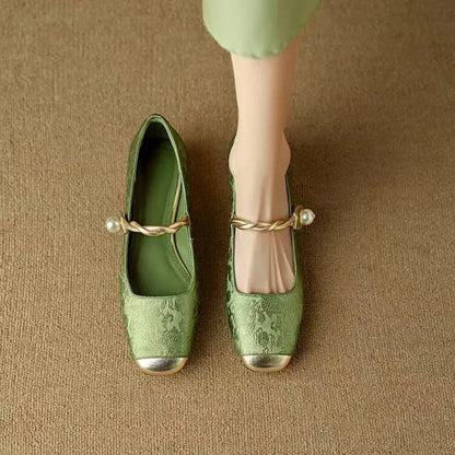Women's Pearl Strap Mary Jane Block Heels — detail view