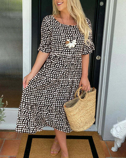 Dotted Print Short Sleeve Midi Dress for Women