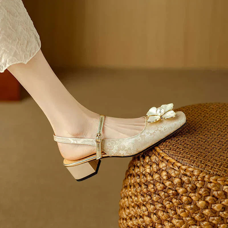 Women's Floral Slingback Square Toe Block Heel Pumps — side view