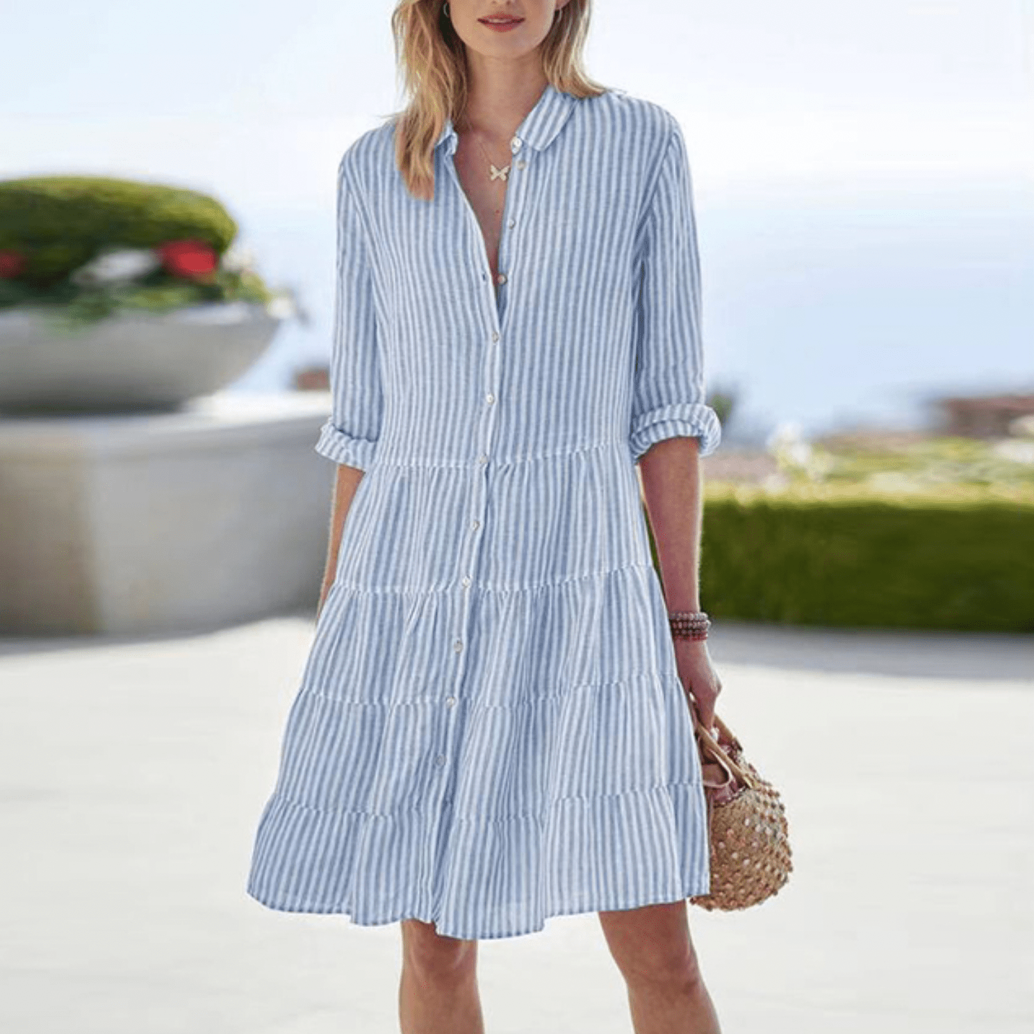Women's Striped A-Line Summer Midi Dress — close-up