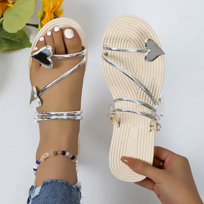 Heart Charm Strappy Flat Sandals for Women
