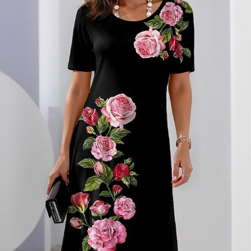 Floral Print Short Sleeve Midi Dress for Women — front view