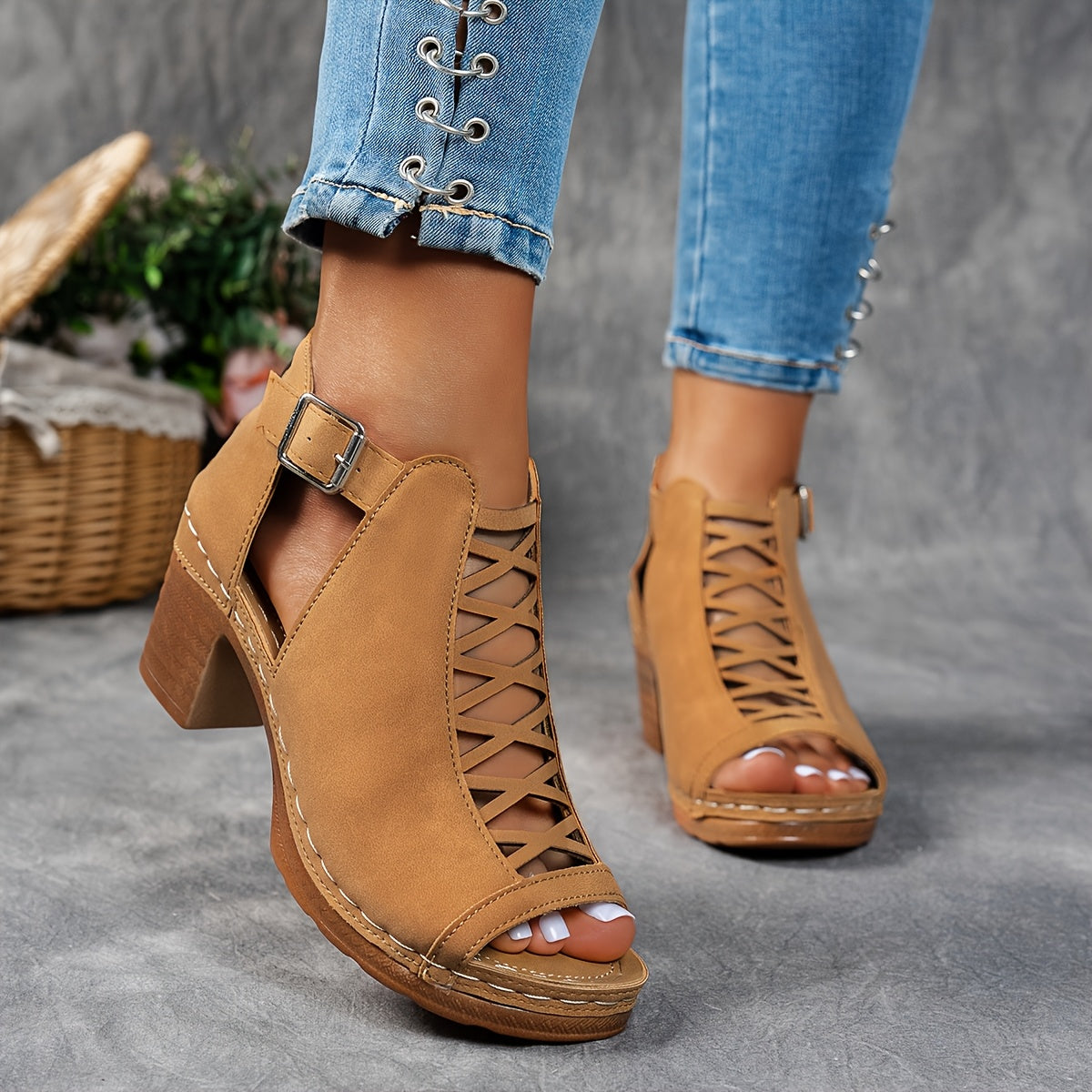 Women's Lattice Heel Adjustable Sandals — front view