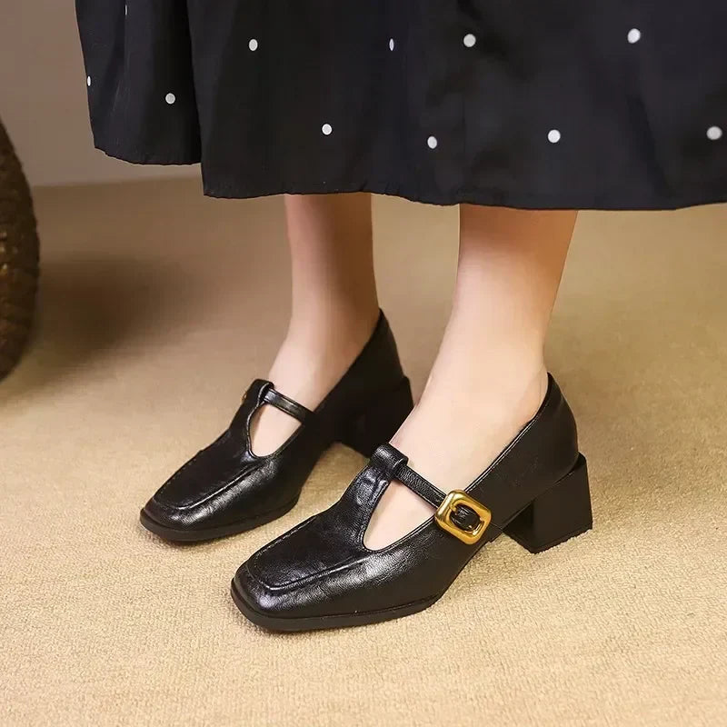 Women's Square Toe Mary Jane Block Heel Gold Buckle — side view