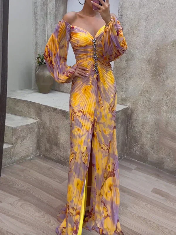 Women's purple and yellow tie-dye off-shoulder maxi dress with ruched bodice — front view