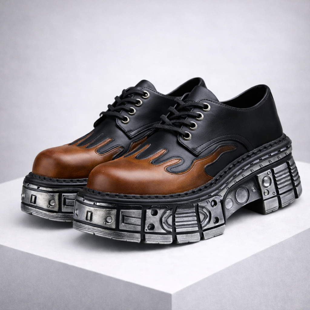 Black and brown leather platform boots with metallic industrial sole detail — front three-quarter view