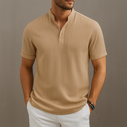 Men's Linen Band Collar Popover Shirt — product view