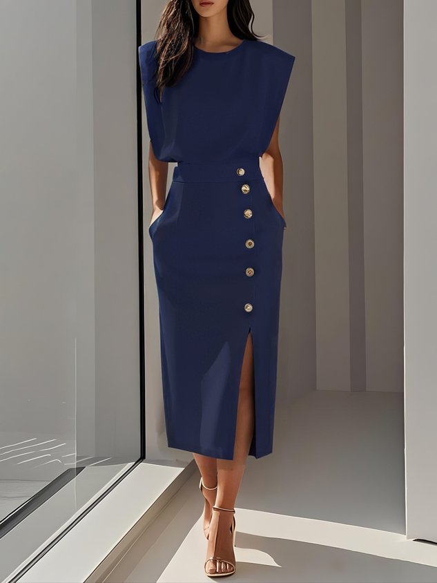 Button-Front Midi Dress with Side Slit for Women