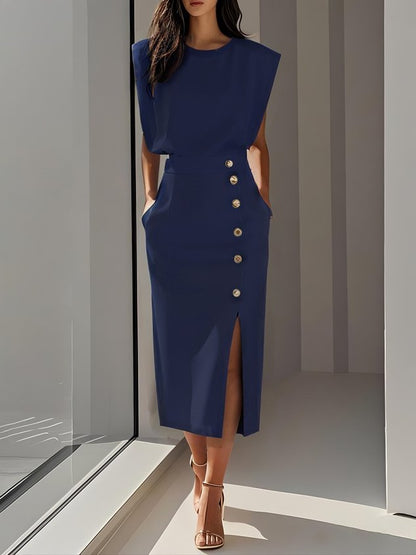 Button-Front Midi Dress with Side Slit for Women