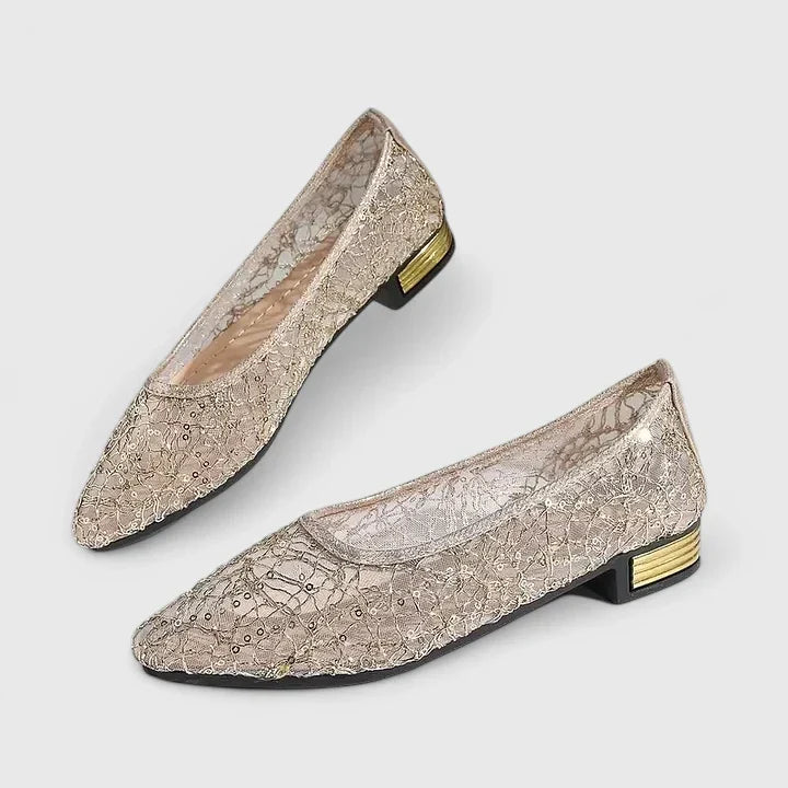 Women's Lace Pointed Toe Flats Low Block Heel — close-up
