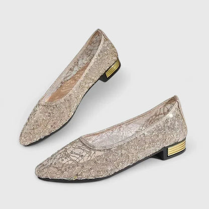Women's Lace Pointed Toe Flats Low Block Heel — close-up